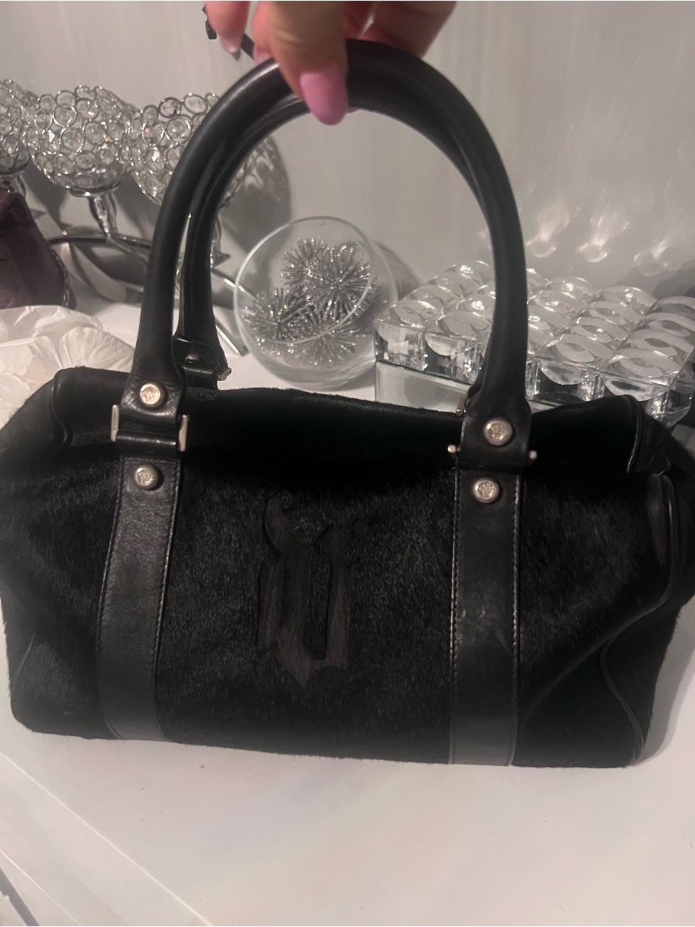 Versace vintage Black Women's real Fur Satchel Handbag